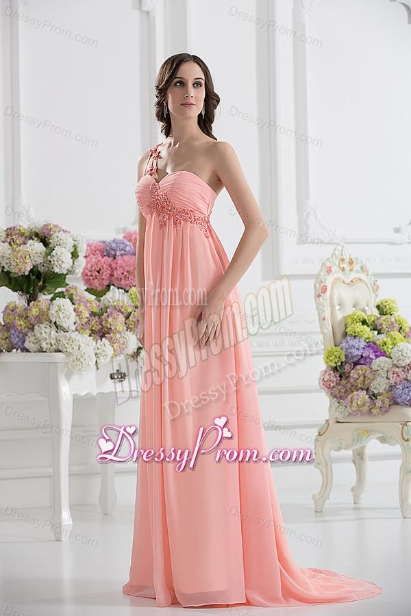Peach Empire Brush Train Prom Dress with Ruching and Appliques