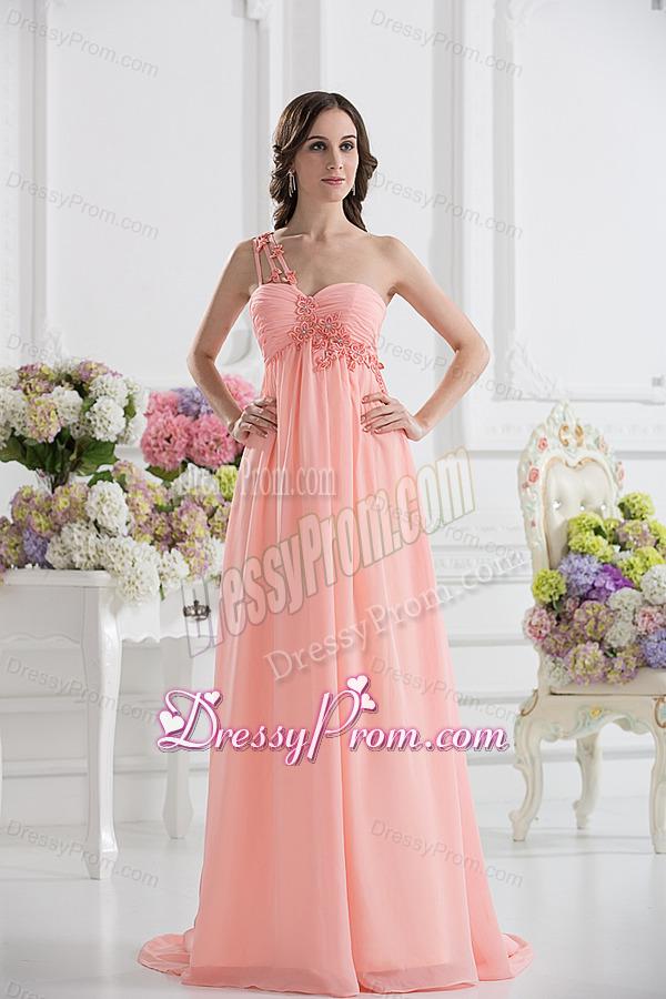 Peach Empire Brush Train Prom Dress with Ruching and Appliques