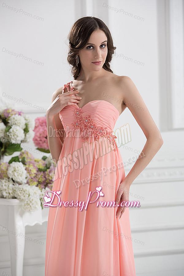 Peach Empire Brush Train Prom Dress with Ruching and Appliques