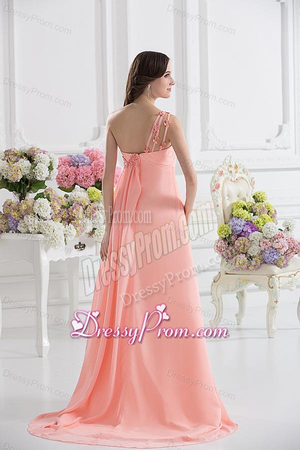 Peach Empire Brush Train Prom Dress with Ruching and Appliques