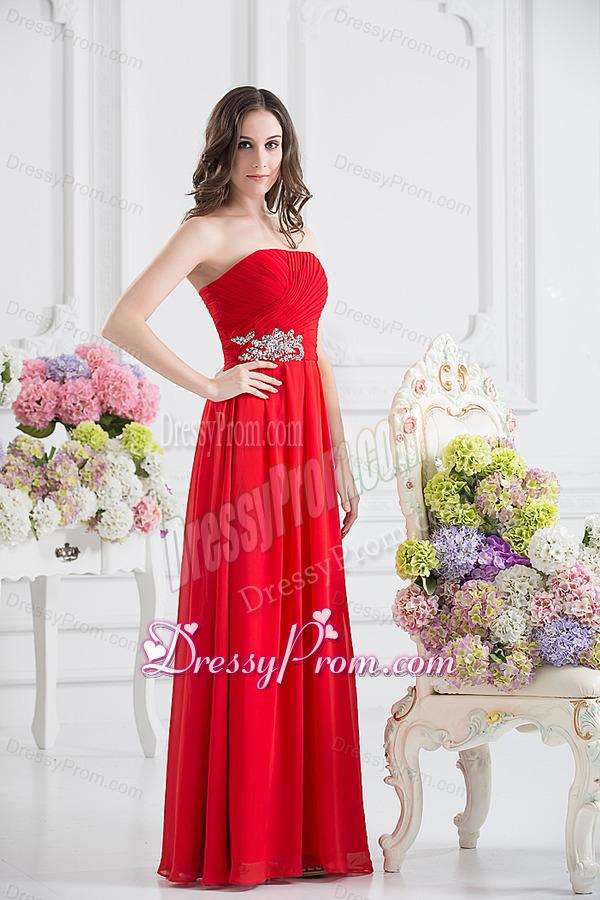 Red Empire Strapless Chiffon Floor-length Prom Dress