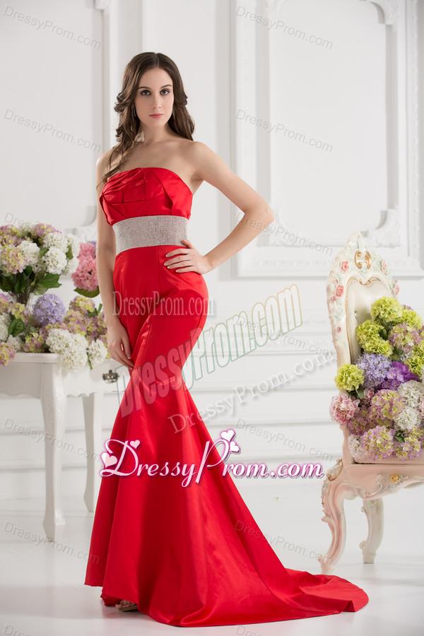 Red Mermaid Strapless Court Train Belt and Ruching Prom Dress