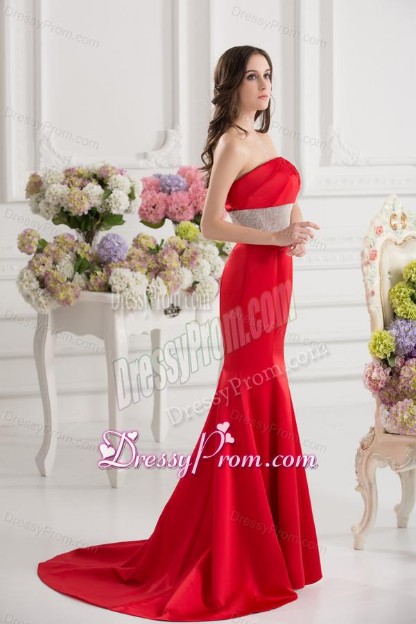 Red Mermaid Strapless Court Train Belt and Ruching Prom Dress
