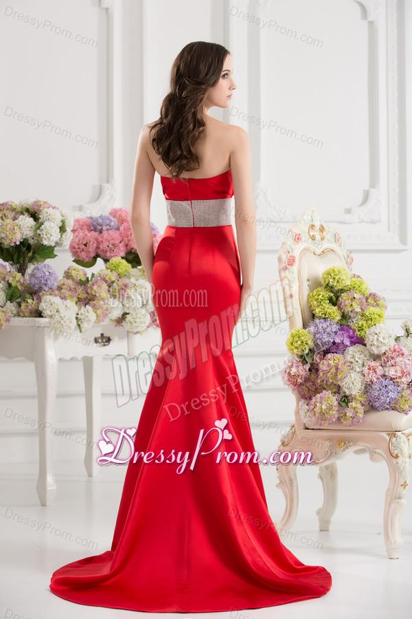 Red Mermaid Strapless Court Train Belt and Ruching Prom Dress