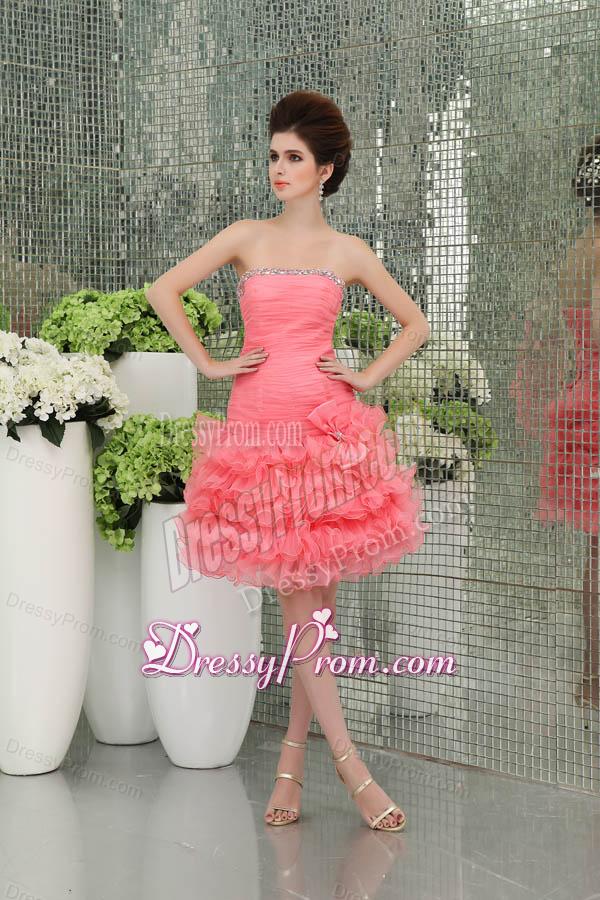 Strapless A-line Organza Watermelon Prom Dress with Ruffled Layers