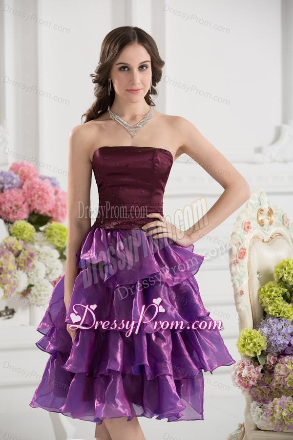 A-line Strapless Organza Beading Ruffled Layers Dark Viole Prom Dress