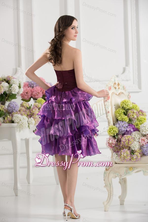 A-line Strapless Organza Beading Ruffled Layers Dark Viole Prom Dress