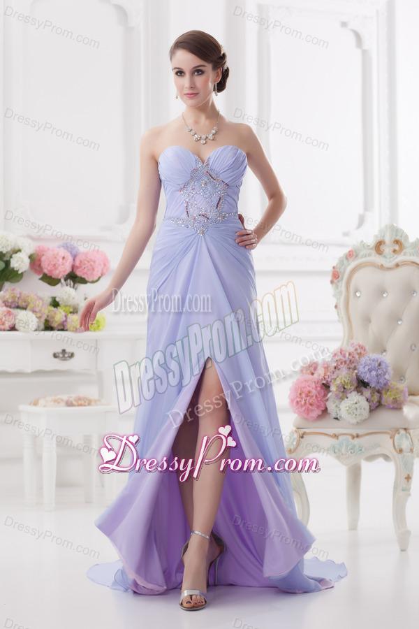 Sweetheart Brush Train Lavender Prom Dress with Ruching and Beading