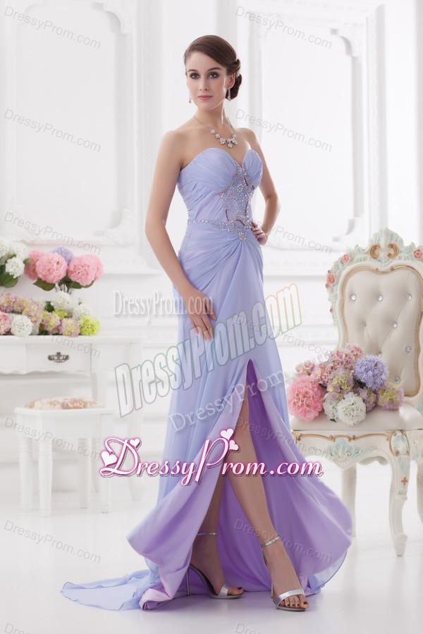 Sweetheart Brush Train Lavender Prom Dress with Ruching and Beading