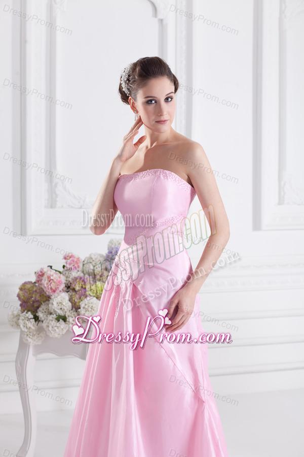 Baby Pink A-line Court Train Strapless Ruching Prom Dress
