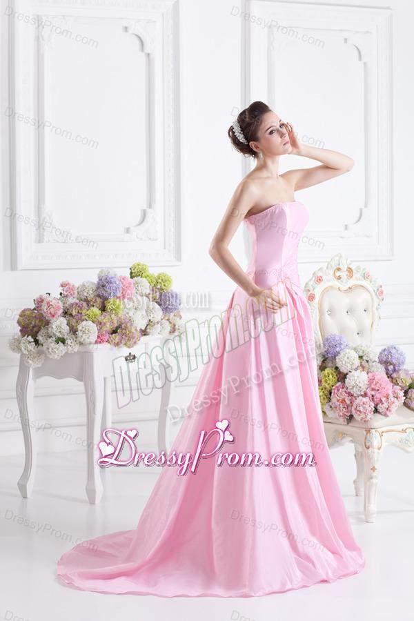 Baby Pink A-line Court Train Strapless Ruching Prom Dress