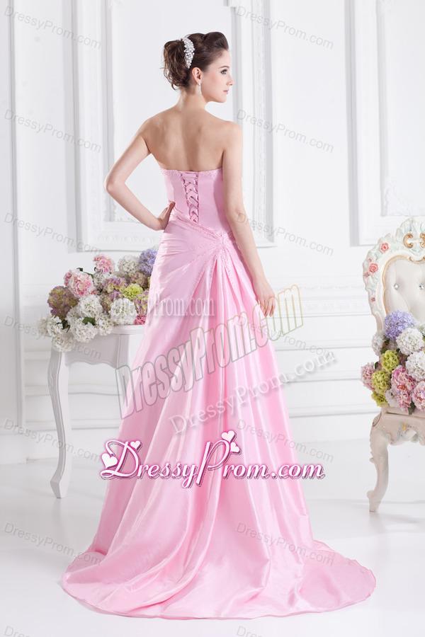 Baby Pink A-line Court Train Strapless Ruching Prom Dress