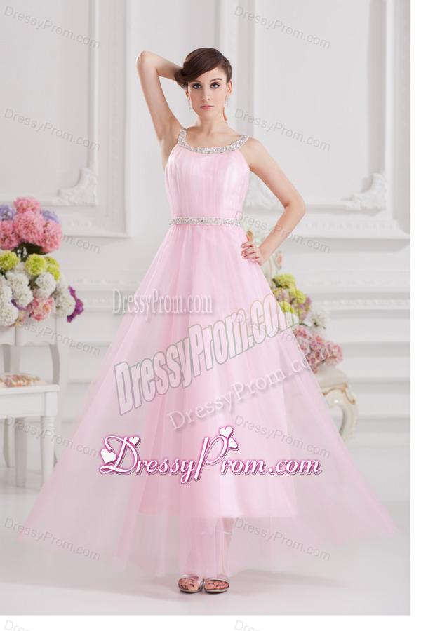 Baby Pink Straps Empire Tulle with Beading Prom Dress