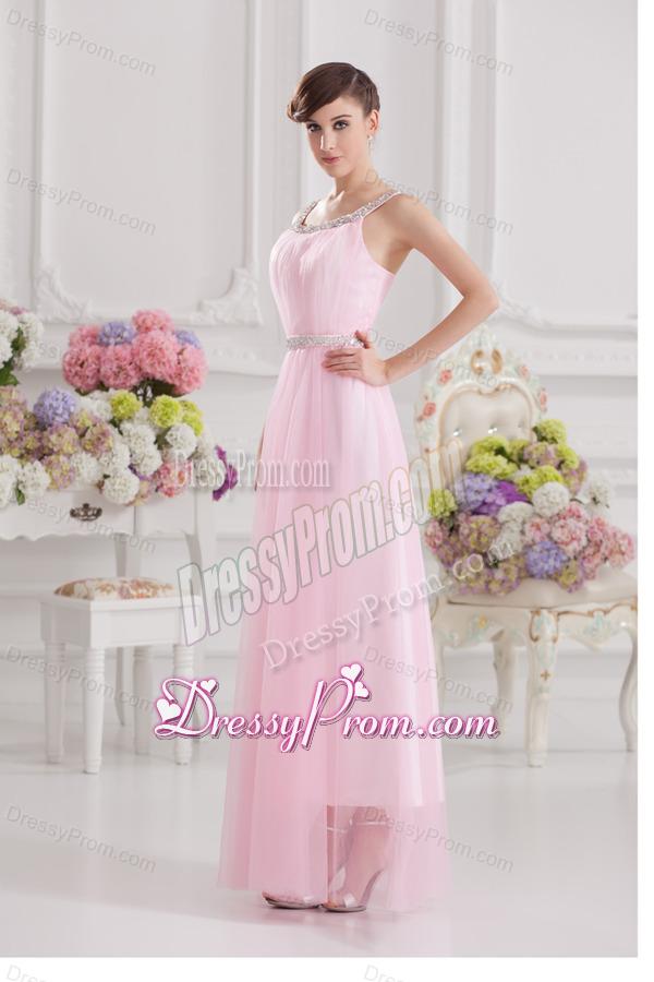 Baby Pink Straps Empire Tulle with Beading Prom Dress