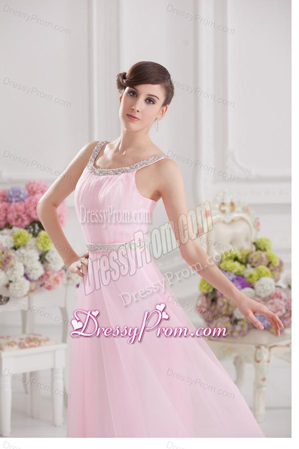 Baby Pink Straps Empire Tulle with Beading Prom Dress
