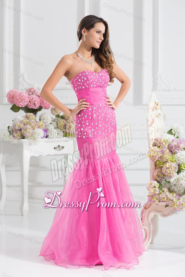Mermaid Sweetheart Beading Floor-length Organza Hot Pink Prom Dress