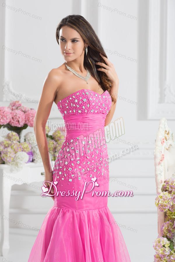 Mermaid Sweetheart Beading Floor-length Organza Hot Pink Prom Dress