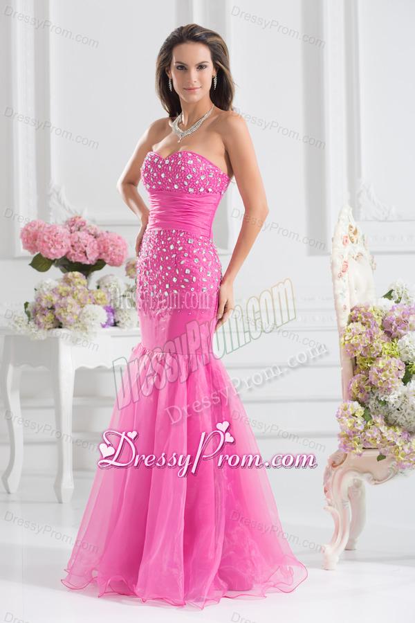Mermaid Sweetheart Beading Floor-length Organza Hot Pink Prom Dress