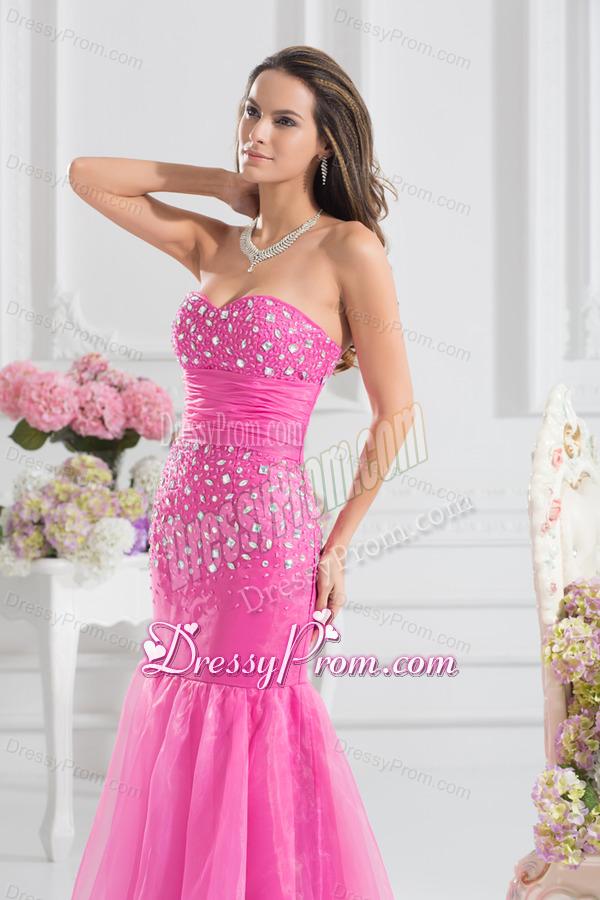 Mermaid Sweetheart Beading Floor-length Organza Hot Pink Prom Dress