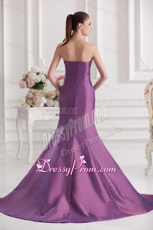 Mermaid Sweetheart Court Train Ruching Purple Prom Dress