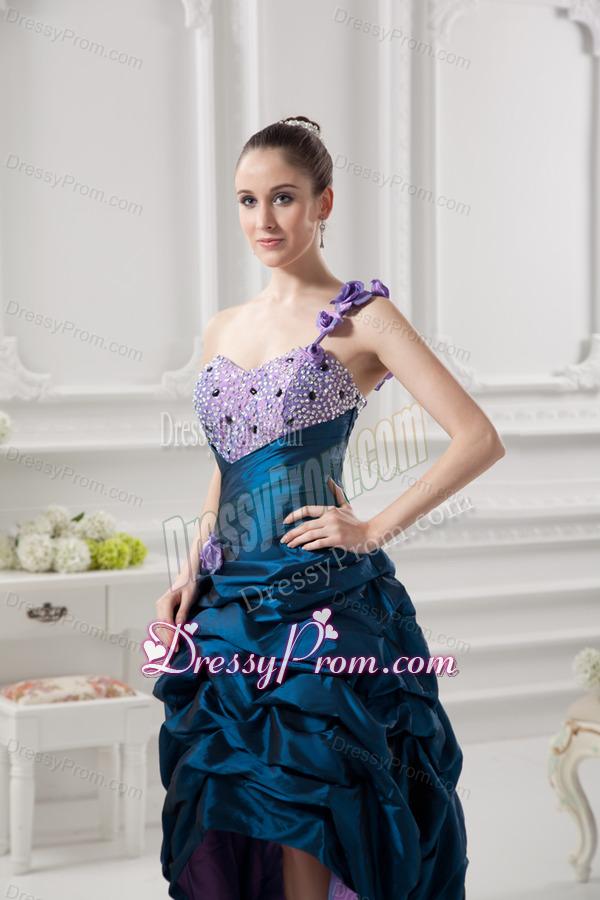 One Shoulder Sweetheart Pick-ups Beading Navy Blue Prom Dress