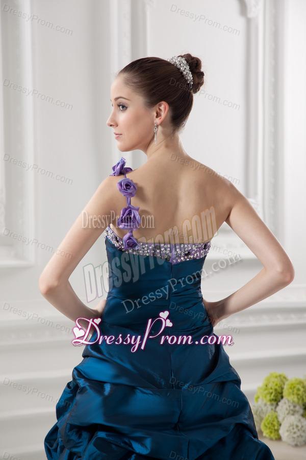 One Shoulder Sweetheart Pick-ups Beading Navy Blue Prom Dress