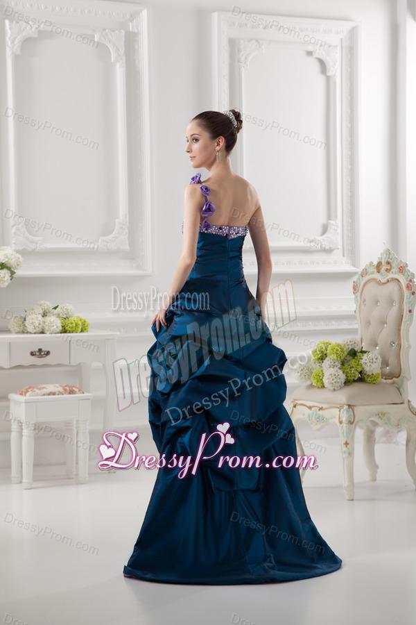 One Shoulder Sweetheart Pick-ups Beading Navy Blue Prom Dress