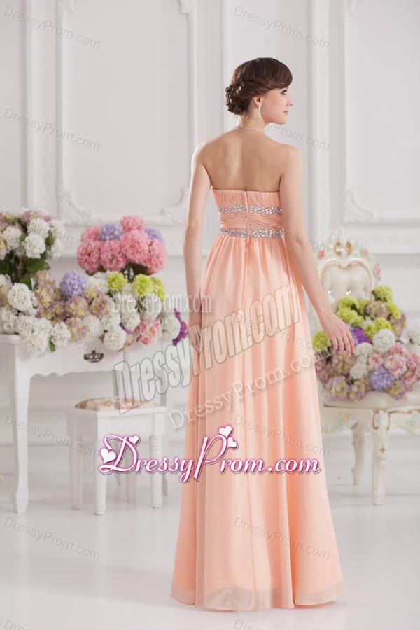 Peach Empire Strapless Prom Dress with Ruching and Beading