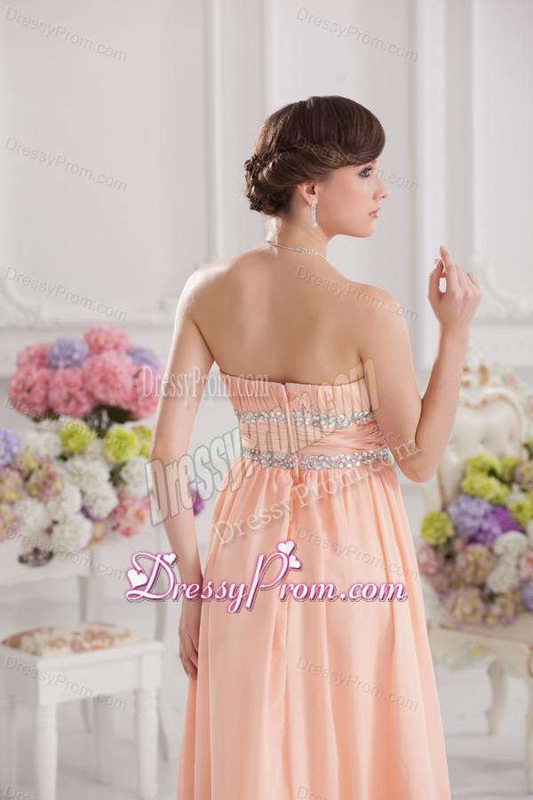 Peach Empire Strapless Prom Dress with Ruching and Beading