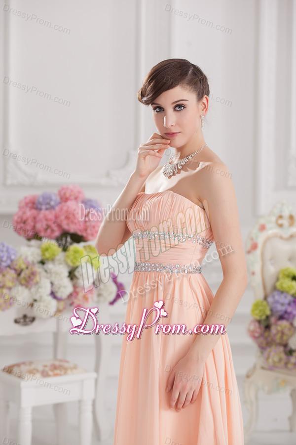 Peach Empire Strapless Prom Dress with Ruching and Beading