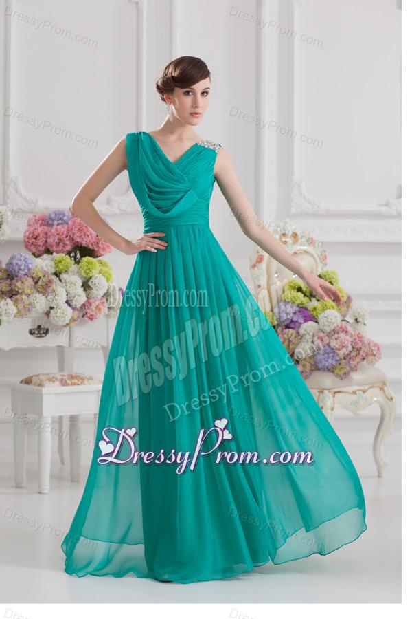 V-neck Empire Turquoise Chiffon Prom Dress with Ruching and Beading