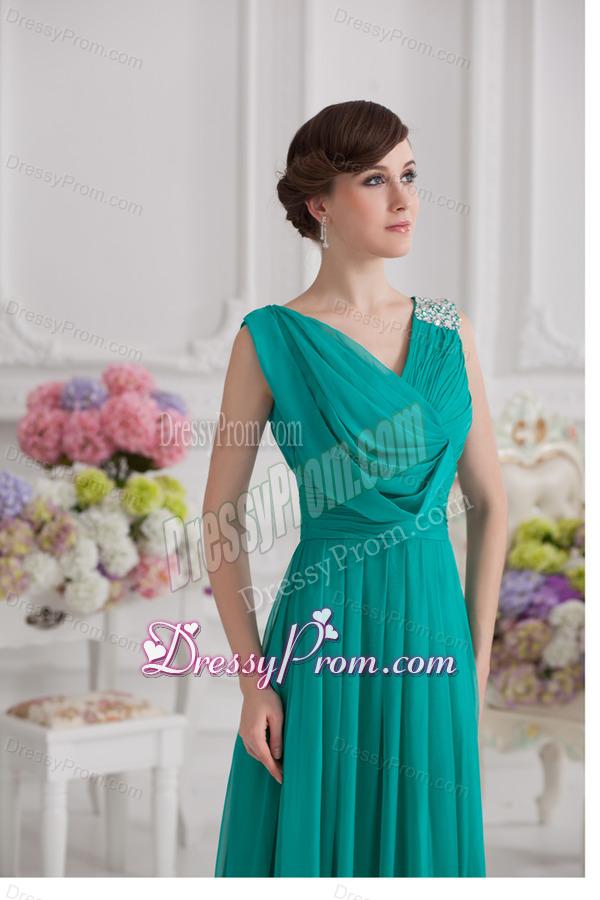 V-neck Empire Turquoise Chiffon Prom Dress with Ruching and Beading