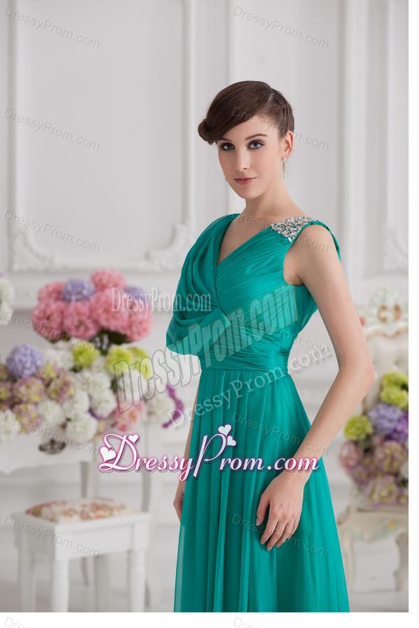 V-neck Empire Turquoise Chiffon Prom Dress with Ruching and Beading