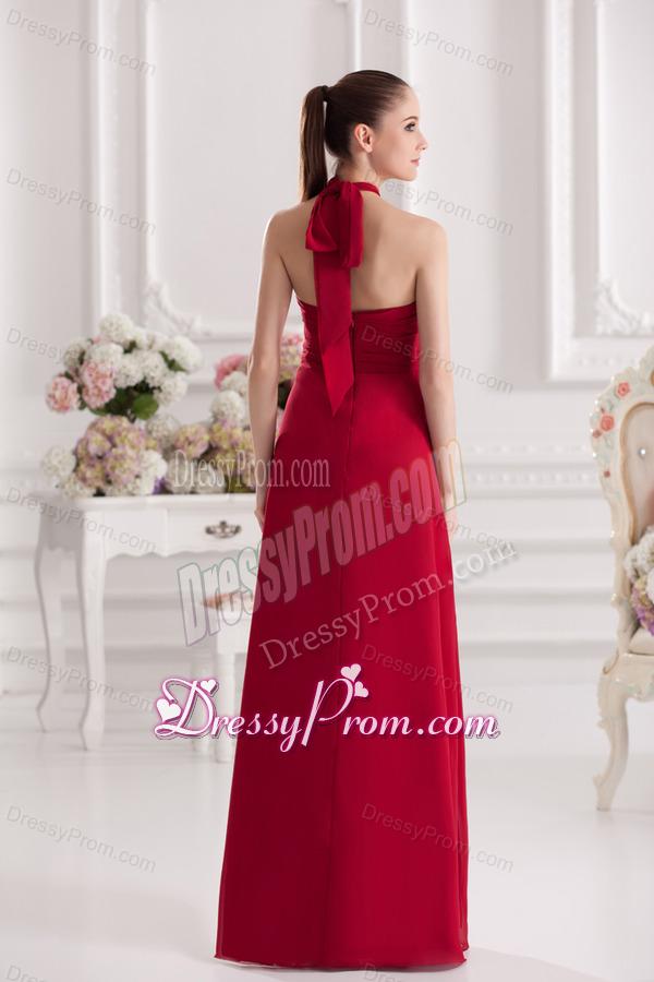 A-line Halter Top Floor-length Ruching Satin Prom Dress
