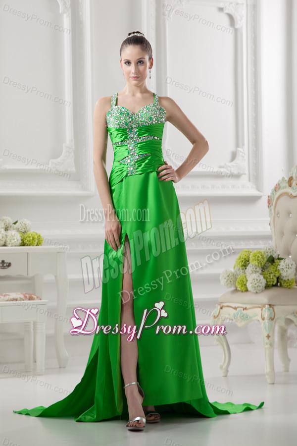 Column Straps Ruching and Beading High Slit Taffeta Prom Dress