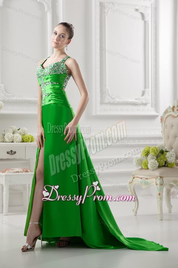 Column Straps Ruching and Beading High Slit Taffeta Prom Dress