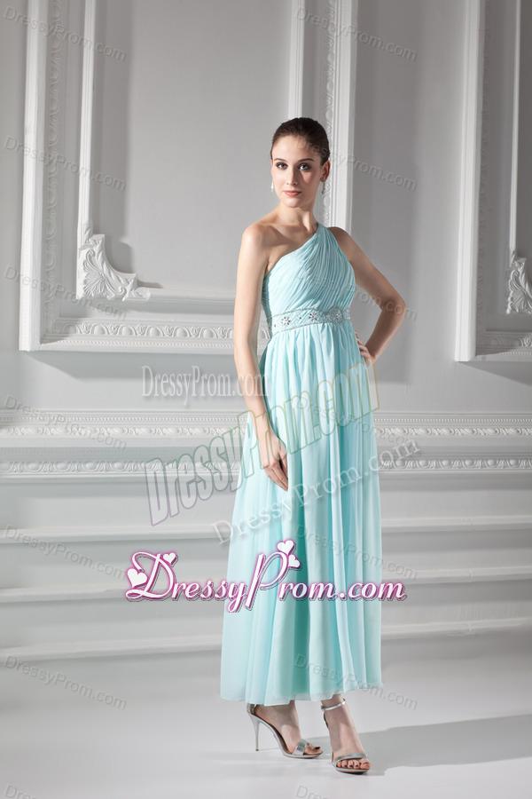 Empire Light Blue One Shoulder Beading and Ruching Prom Dress
