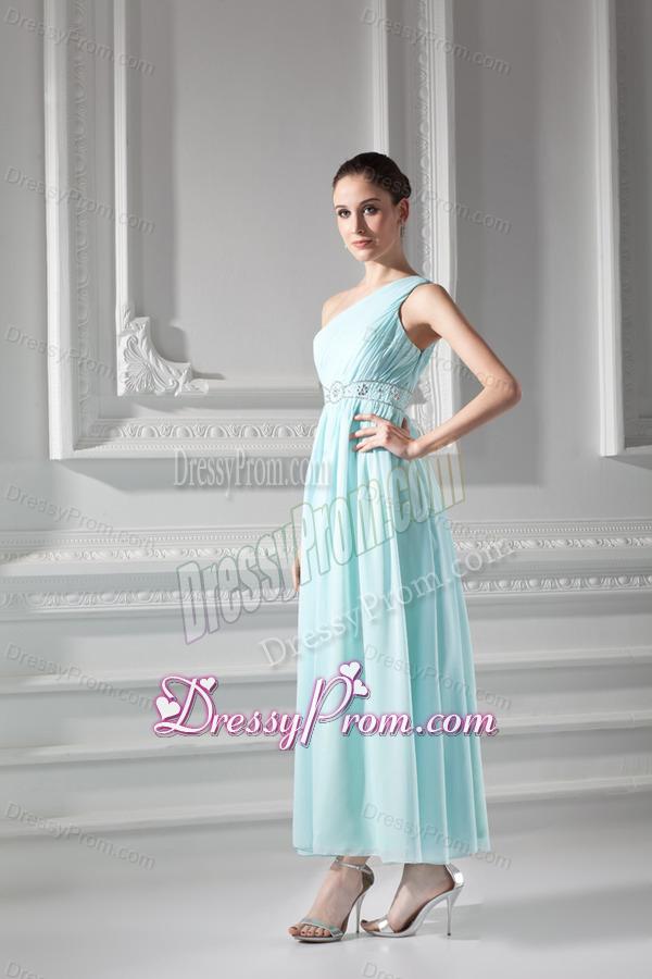 Empire Light Blue One Shoulder Beading and Ruching Prom Dress