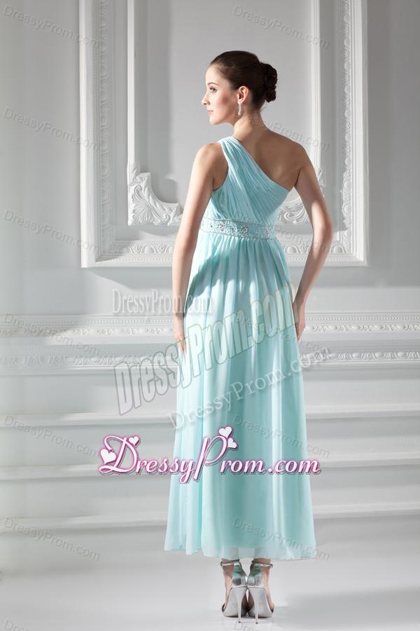 Empire Light Blue One Shoulder Beading and Ruching Prom Dress