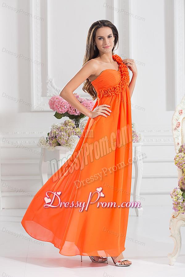 Empire Ruching Hand Make Flowers Orange Red Prom Dress