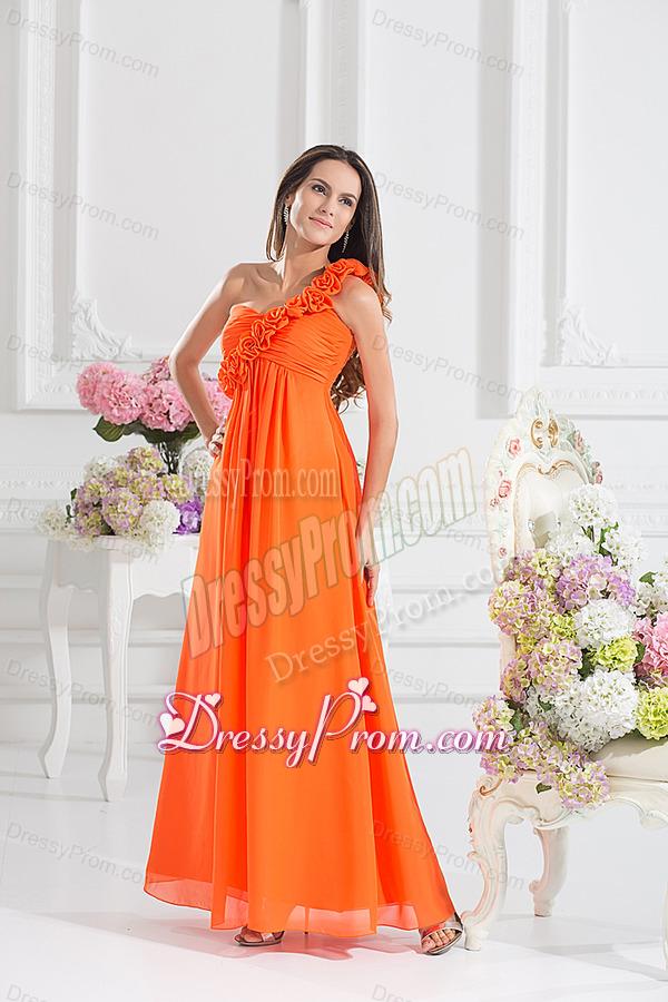 Empire Ruching Hand Make Flowers Orange Red Prom Dress