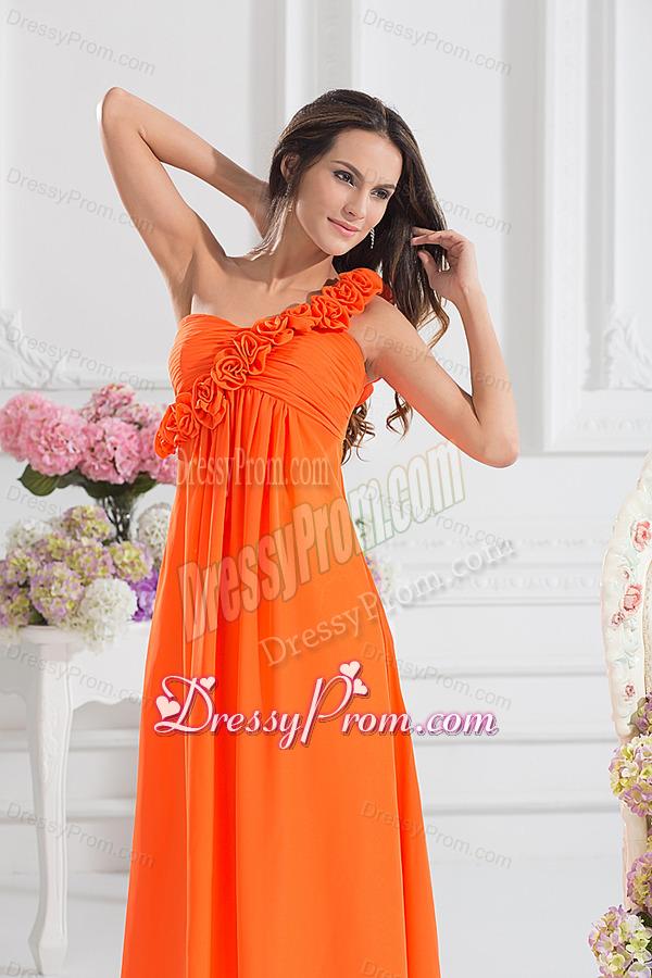 Empire Ruching Hand Make Flowers Orange Red Prom Dress