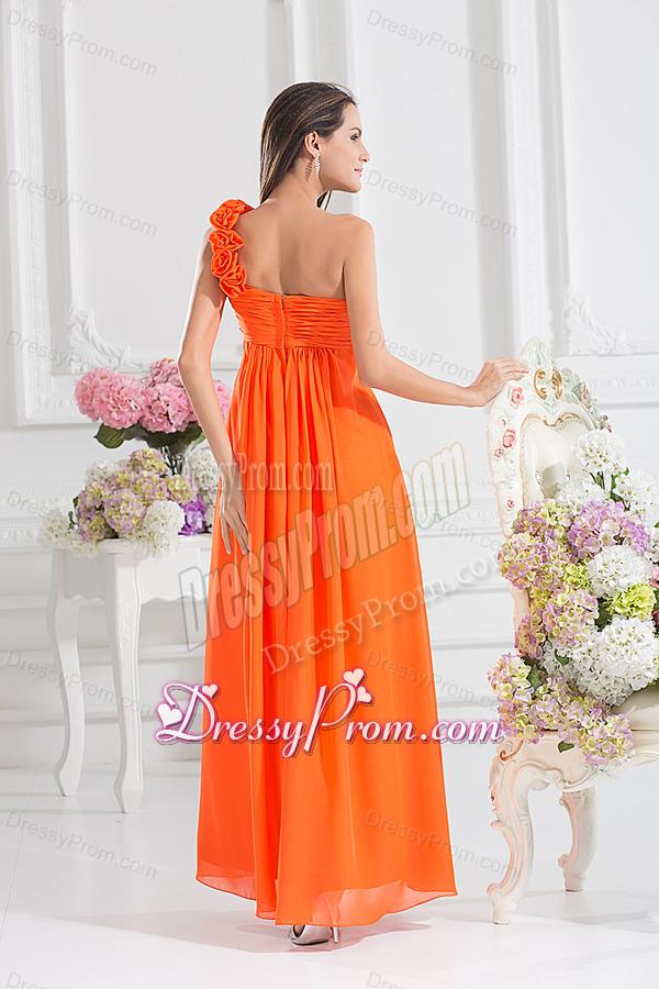 Empire Ruching Hand Make Flowers Orange Red Prom Dress