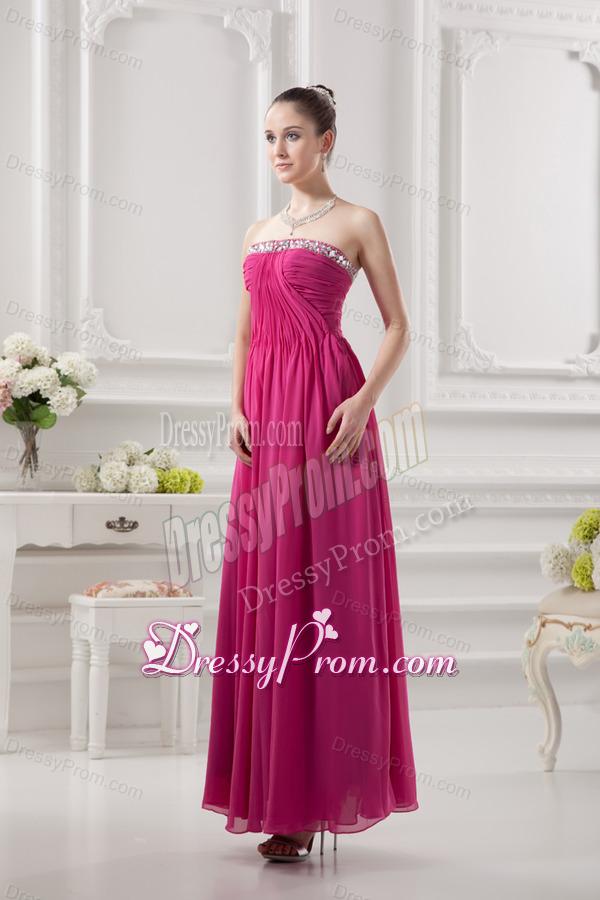 Empire Strapless Ankle-length Beading Chiffon Hot Pink Prom Dress