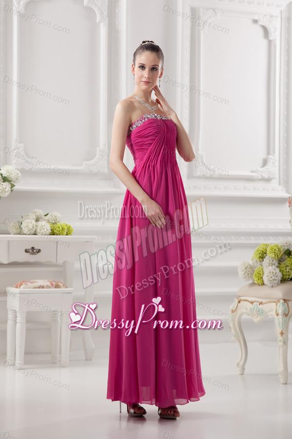 Empire Strapless Ankle-length Beading Chiffon Hot Pink Prom Dress