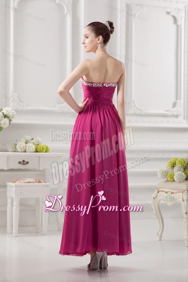 Empire Strapless Ankle-length Beading Chiffon Hot Pink Prom Dress