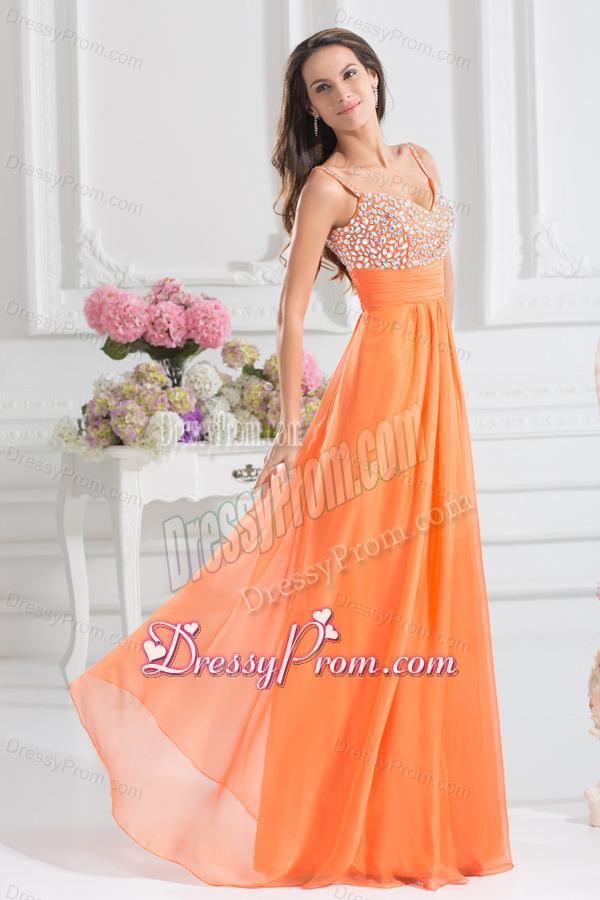 Empire Sweetheart Floor-length Beading Orange Prom Dress