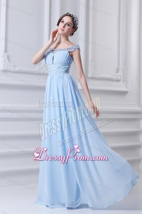 Light Blue Off The Shoulder Empire Chiffon Prom Dress with Beading and Ruching