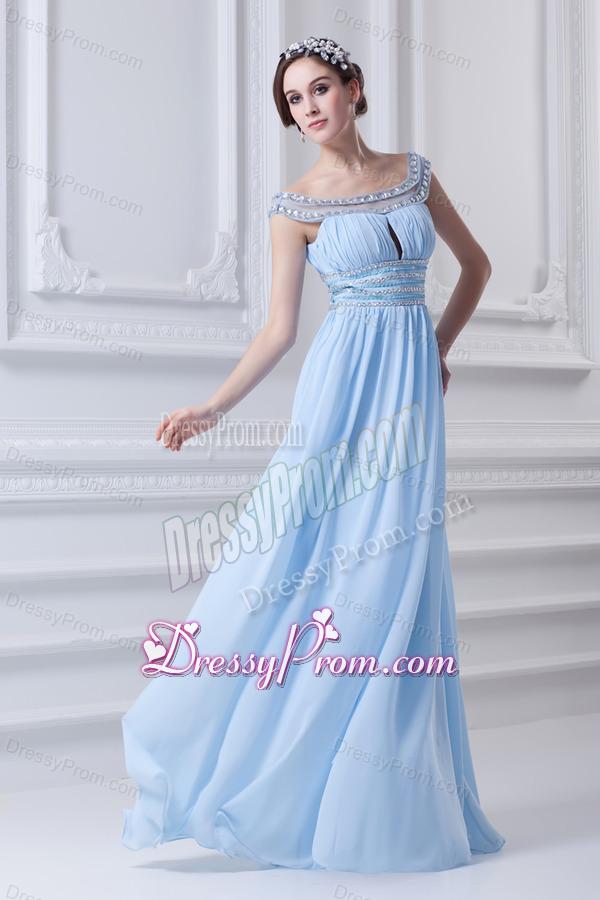 Light Blue Off The Shoulder Empire Chiffon Prom Dress with Beading and Ruching