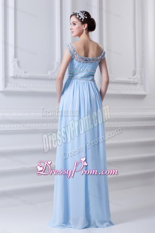 Light Blue Off The Shoulder Empire Chiffon Prom Dress with Beading and Ruching